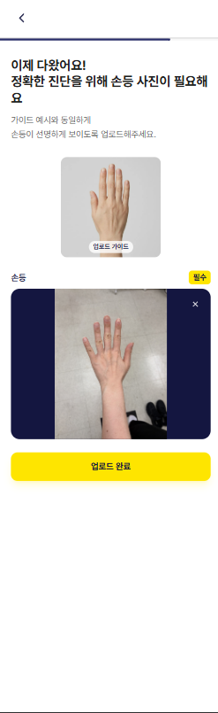 손등 이미지 등록 화면